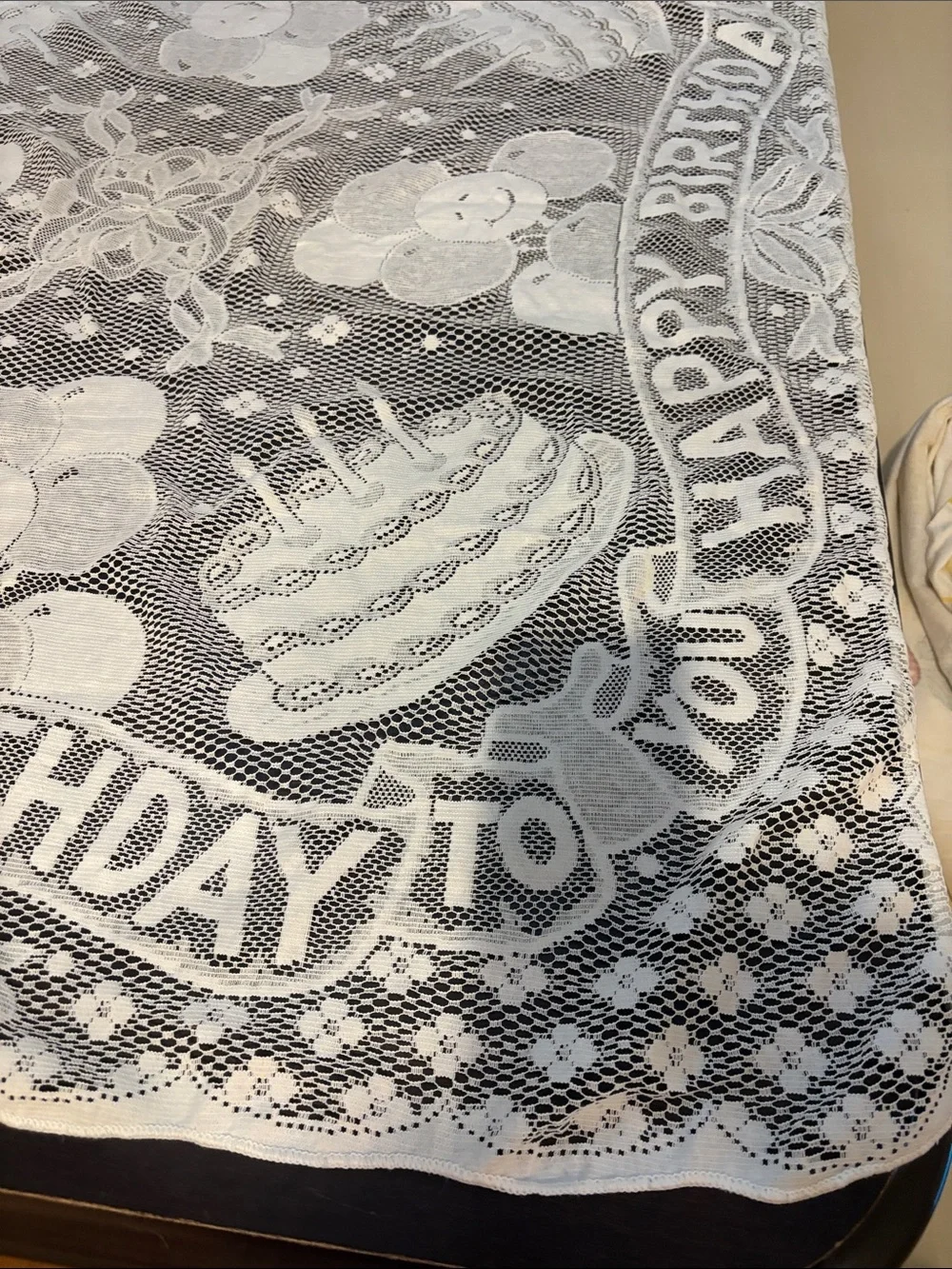 Vintage White 'Happy Birthday' Lace Tablecloth